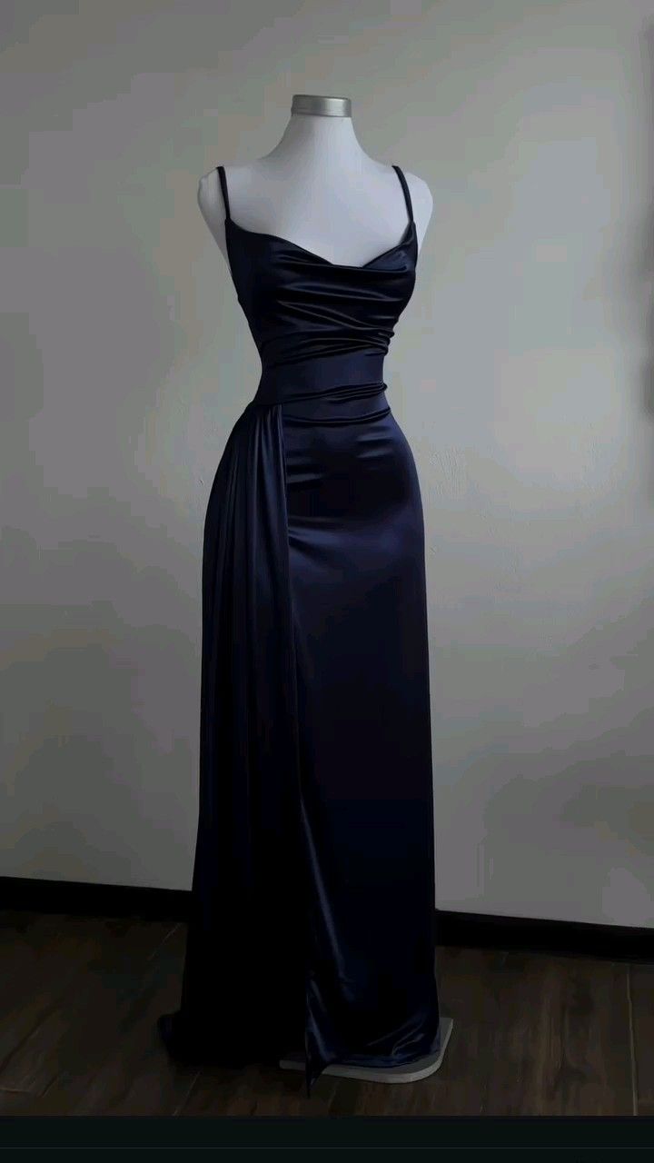 Robe de soirée longue en satin bleu à bretelles spaghetti, robe fourreau simple, DP4777