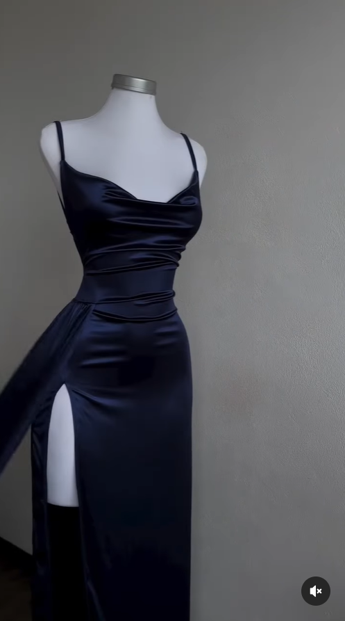 Nacy Blue Spaghetti Straps Sheath Satin Long Party Dress Simple Evening Dress, DP4777