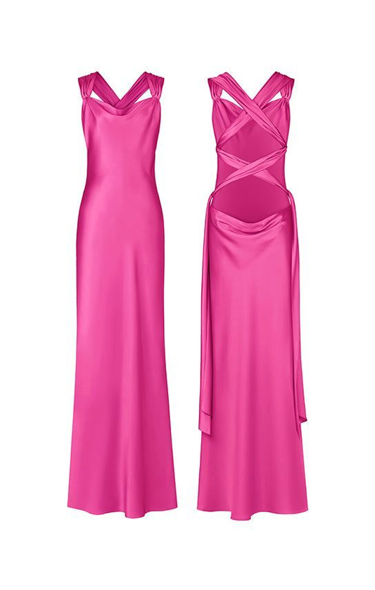 Hot Pink Straps Open Back Sheath Satin Long Party Dress Wedding Guest Dress, DP4778