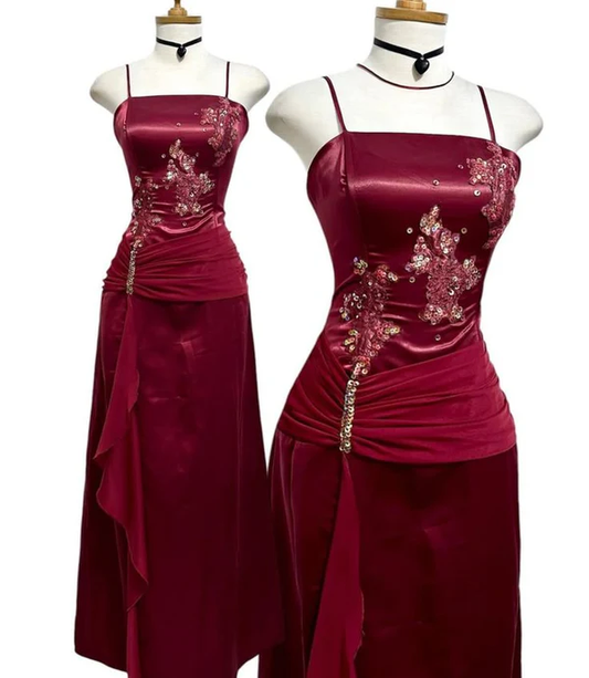 Wine Red Spaghetti Straps Appliques Sheath Long Formal Evening Party Dress, DP4787