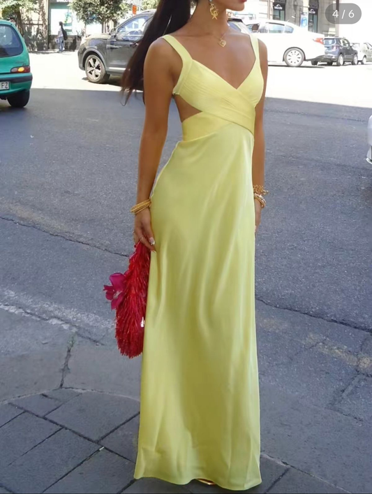 Yellow Straps V Neck Sheath Satin Long Party Dress Wedding Guest Dress, DP4788