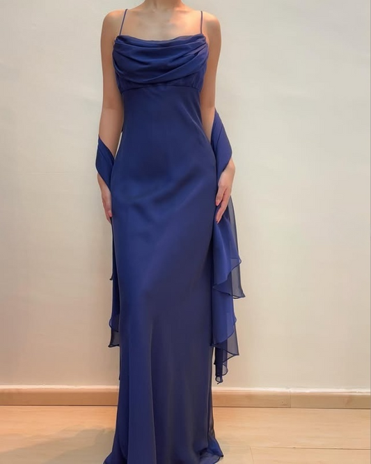 Navy Blue Spaghetti Straps Sheath Long Prom Dress Vintage Party Dress, DP4789