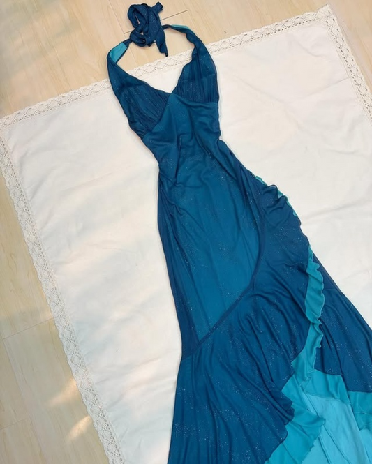 Blue V Neck Halter Mermaid Chiffon Long Prom Dress Vintage Party Dress, DP4790