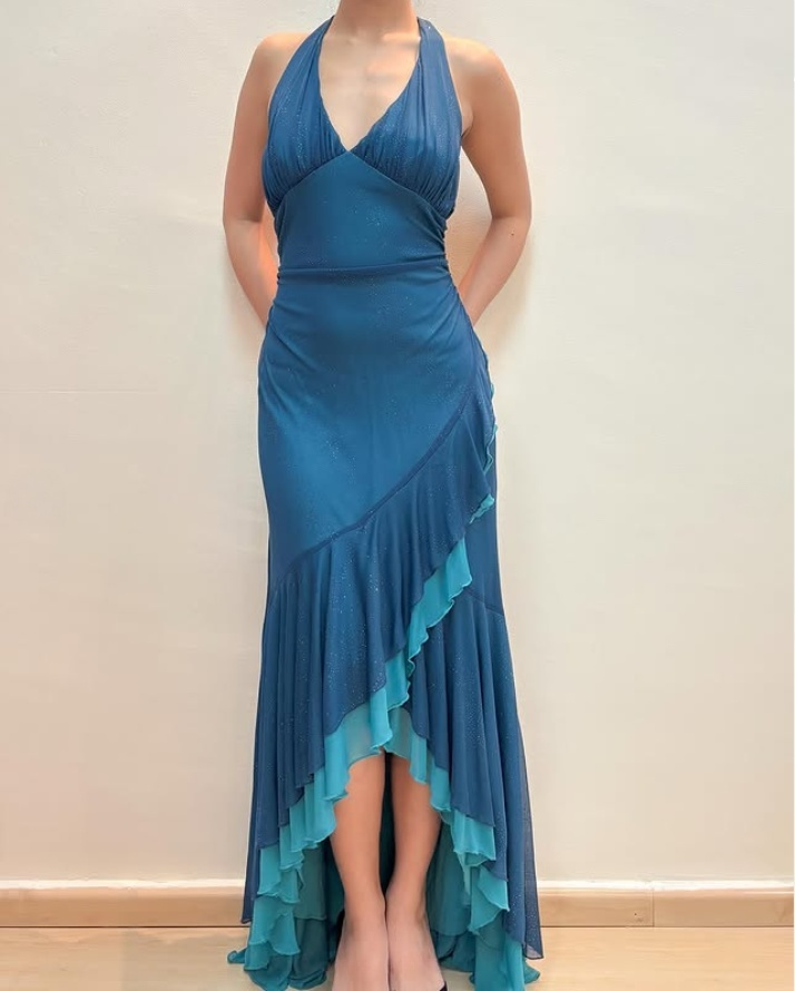 Blue V Neck Halter Mermaid Chiffon Long Prom Dress Vintage Party Dress, DP4790