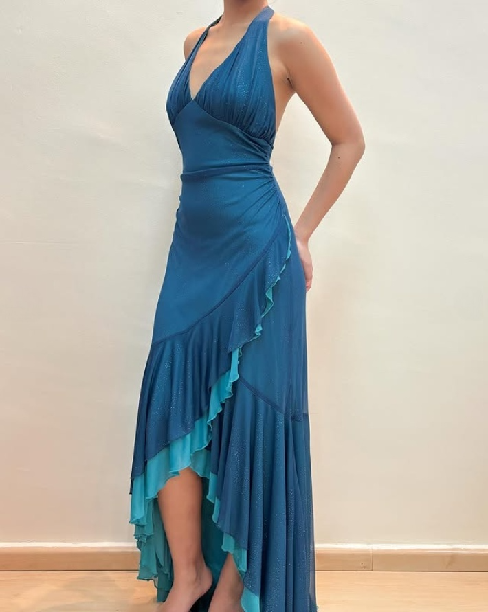 Blue V Neck Halter Mermaid Chiffon Long Prom Dress Vintage Party Dress, DP4790
