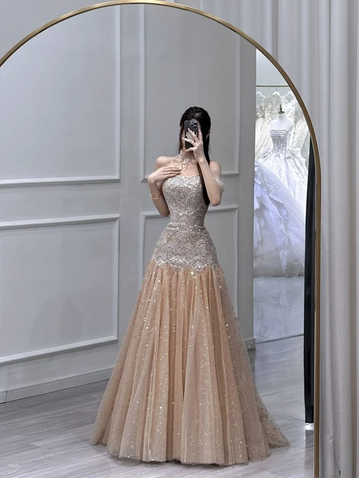 Gorgeous Champagne Strapless Sequins A-Line Long Prom Dress Evening Gown, DP4797