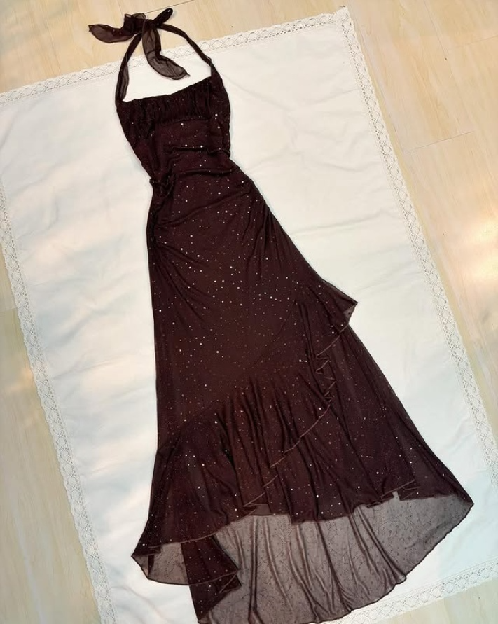 Brown Halter Neck Sheath Chiffon Long Prom Dress Vintage Party Dress, DP4791