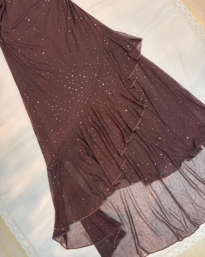 Vintage Braun Neckholder Etui Chiffon Langes Ballkleid Partykleid DP4791