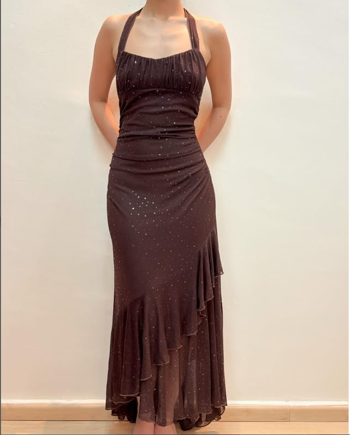 Brown Halter Neck Sheath Chiffon Long Prom Dress Vintage Party Dress, DP4791