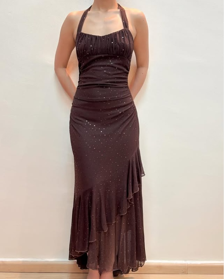 Brown Halter Neck Sheath Chiffon Long Prom Dress Vintage Party Dress, DP4791