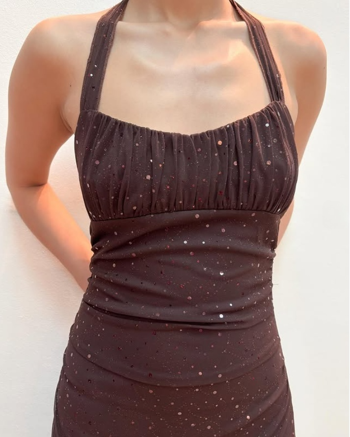 Brown Halter Neck Sheath Chiffon Long Prom Dress Vintage Party Dress, DP4791