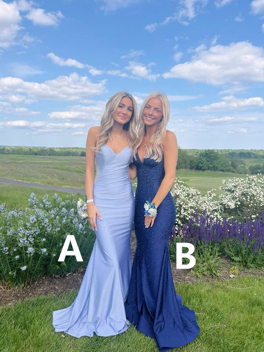 Elegant Blue V Neck Straps Mermaid Satin Long Formal Prom Dress, DP4799