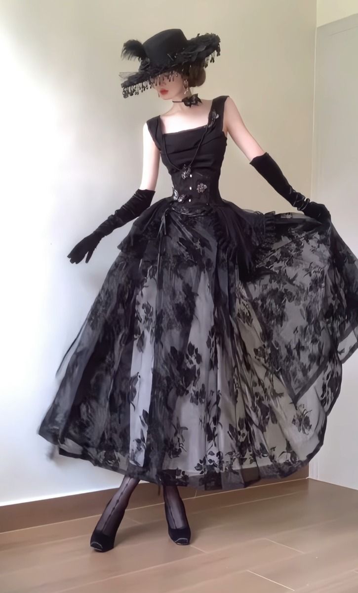 Robe de soirée longue style gothique rétro à col carré et imprimé trapèze, DP4793