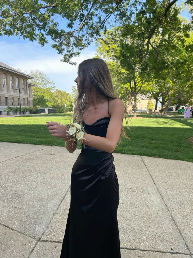 Classy Black Straps Sheath Split Satin Long Party Dress Graduation Dress, DP4800