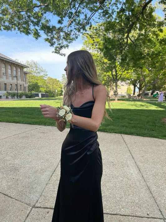 Classy Black Straps Sheath Split Satin Long Party Dress Graduation Dress, DP4800