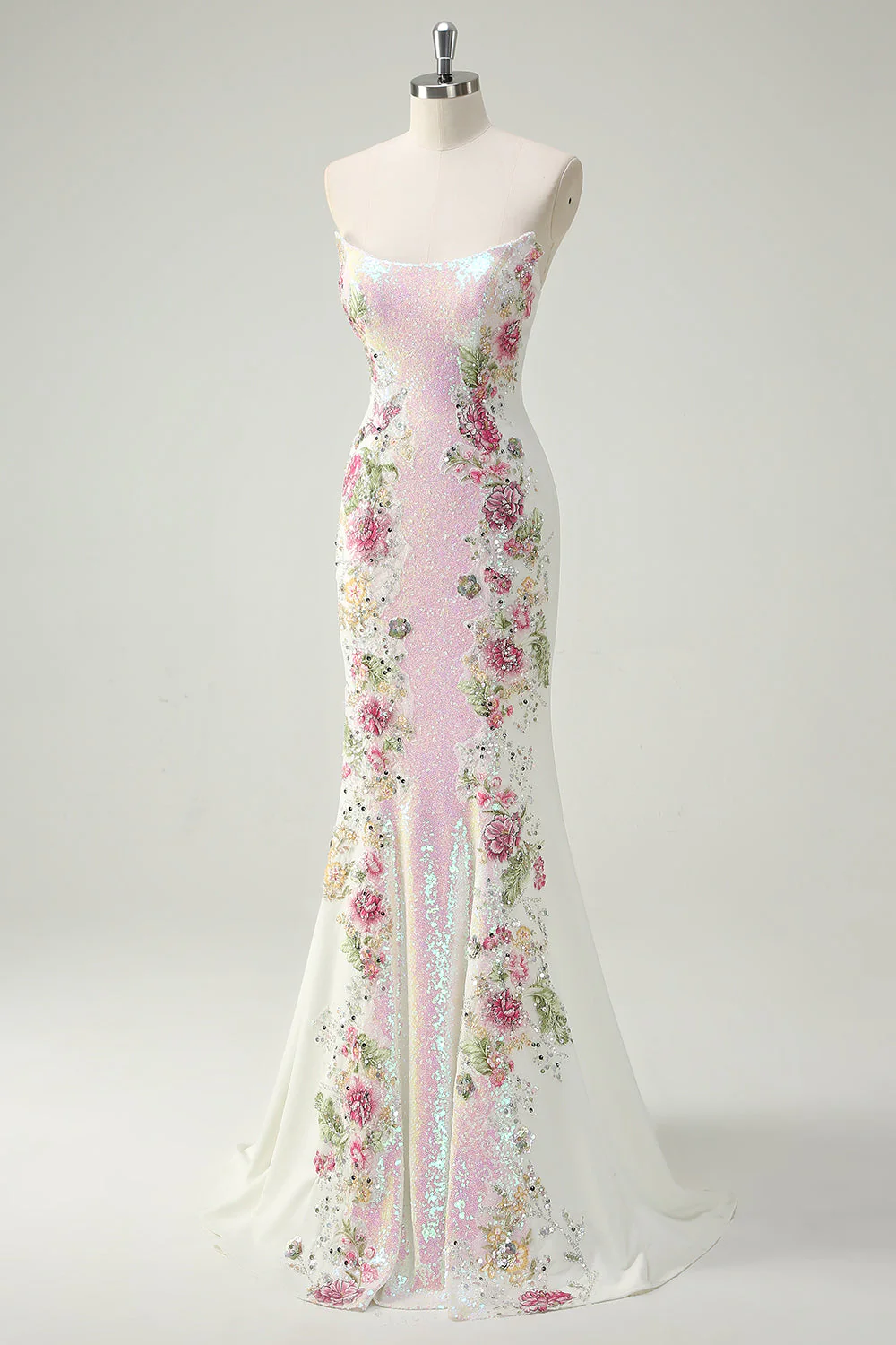 White Strapless Mermaid Sequins Long Formal Prom Dress Evening Gown, DP4801