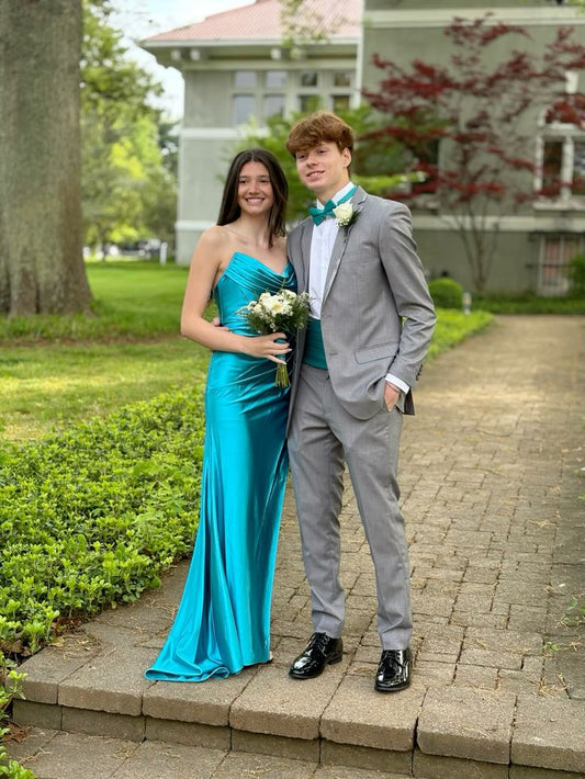 Turquoise Scoop Neck Sheath Satin Long Formal Prom Dress Party Dress, DP4804