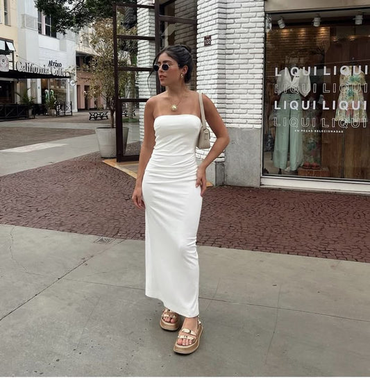 Süßes weißes trägerloses Etuikleid in Knöchellänge, Partykleid zum Ausgehen, DP4808