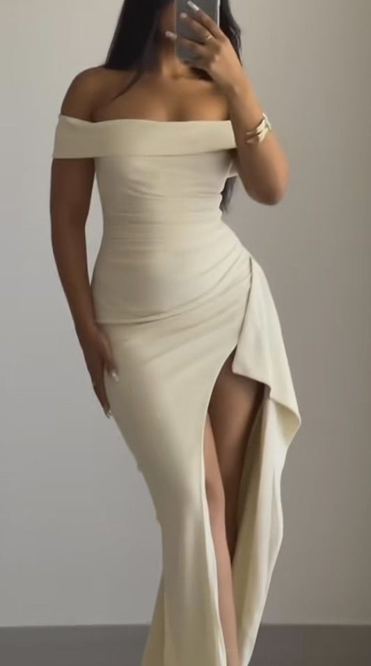 Elegant Ivory Off Shoulder Sheath Split Long Party Dress Wedding Guest Dress, DP4810