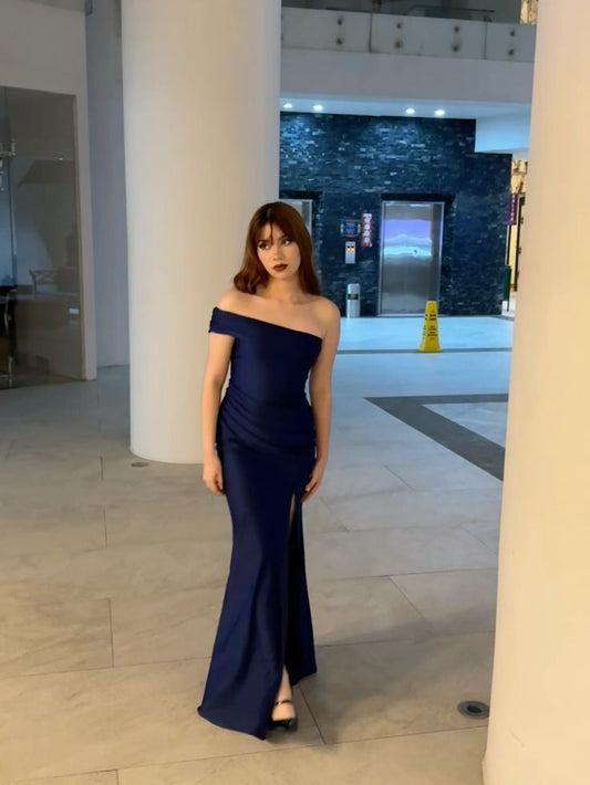 Robe de soirée longue en satin bleu marine foncé, asymétrique, style sirène, DP4811