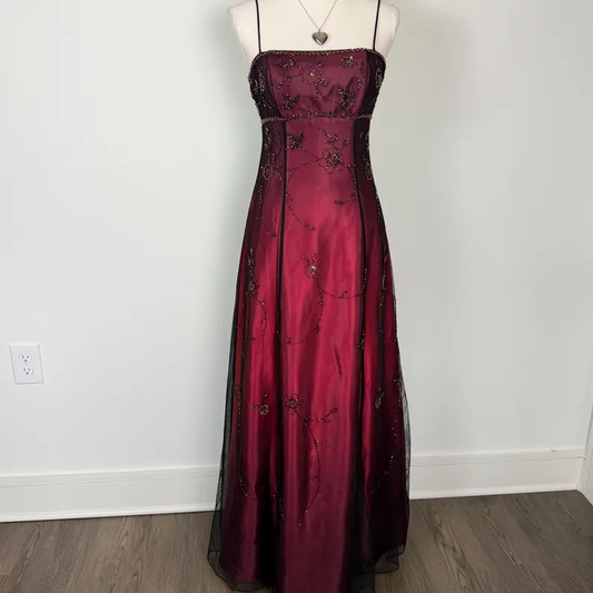 Burgundy Straps A-Line Beadng Long Prom Dress Vintage Party Dress, DP4814