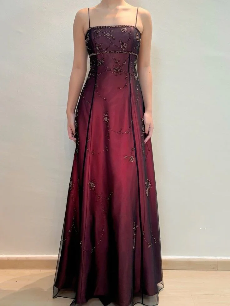 Burgundy Straps A-Line Beadng Long Prom Dress Vintage Party Dress, DP4814
