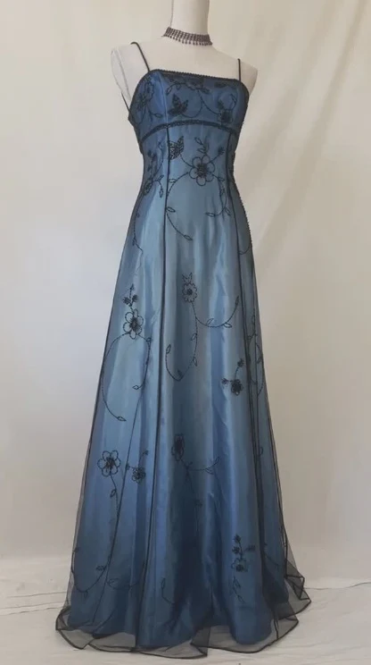 Blue Straps A-Line Beadng Long Prom Dress Vintage Party Dress, DP4815