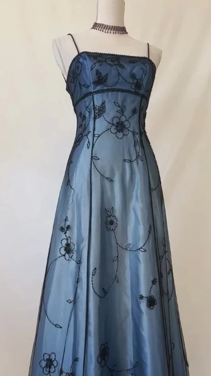 Blue Straps A-Line Beadng Long Prom Dress Vintage Party Dress, DP4815