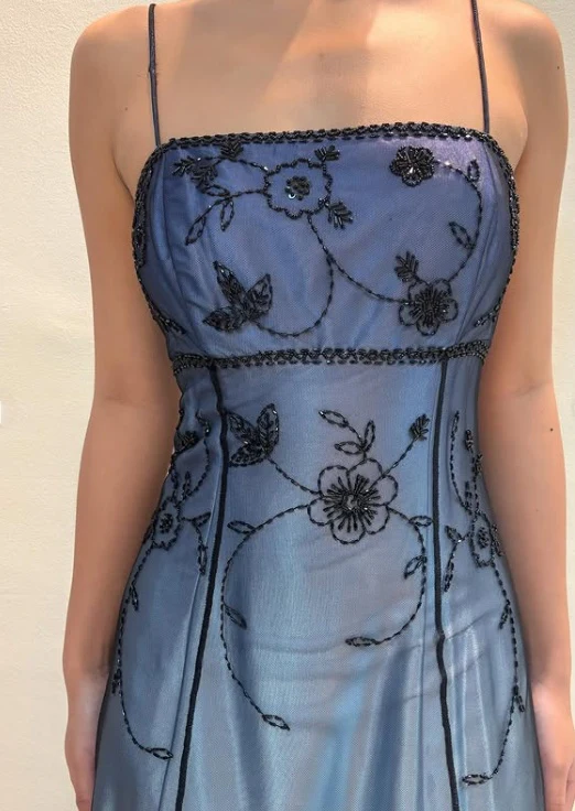 Blue Straps A-Line Beadng Long Prom Dress Vintage Party Dress, DP4815