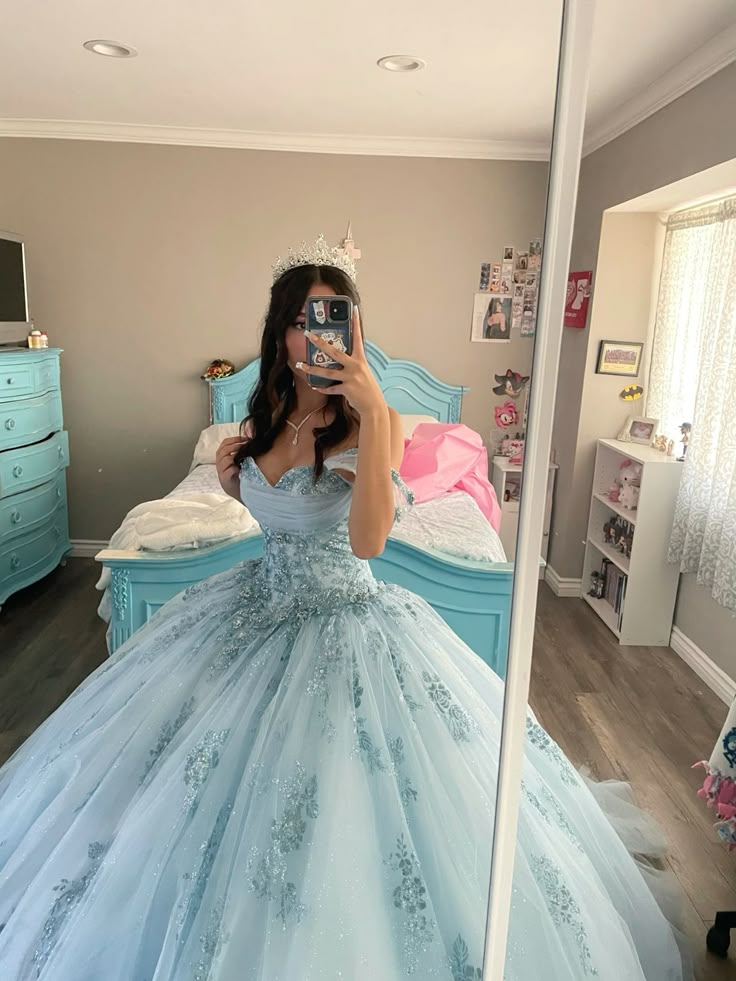 Blue Off Shoulder Sweetheart A-Line Tulle Sweet 16 Ball Gown Quinceanera Dress, DP4817