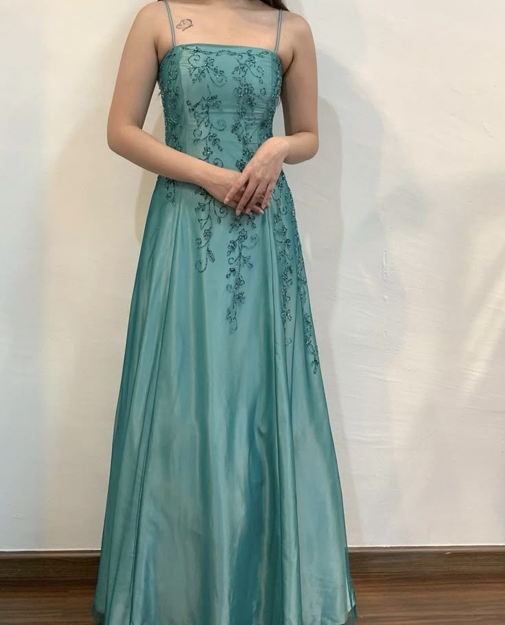 Green Straps A-Line Beading Satin Long Prom Dress Vintage Party Dress, DP4835