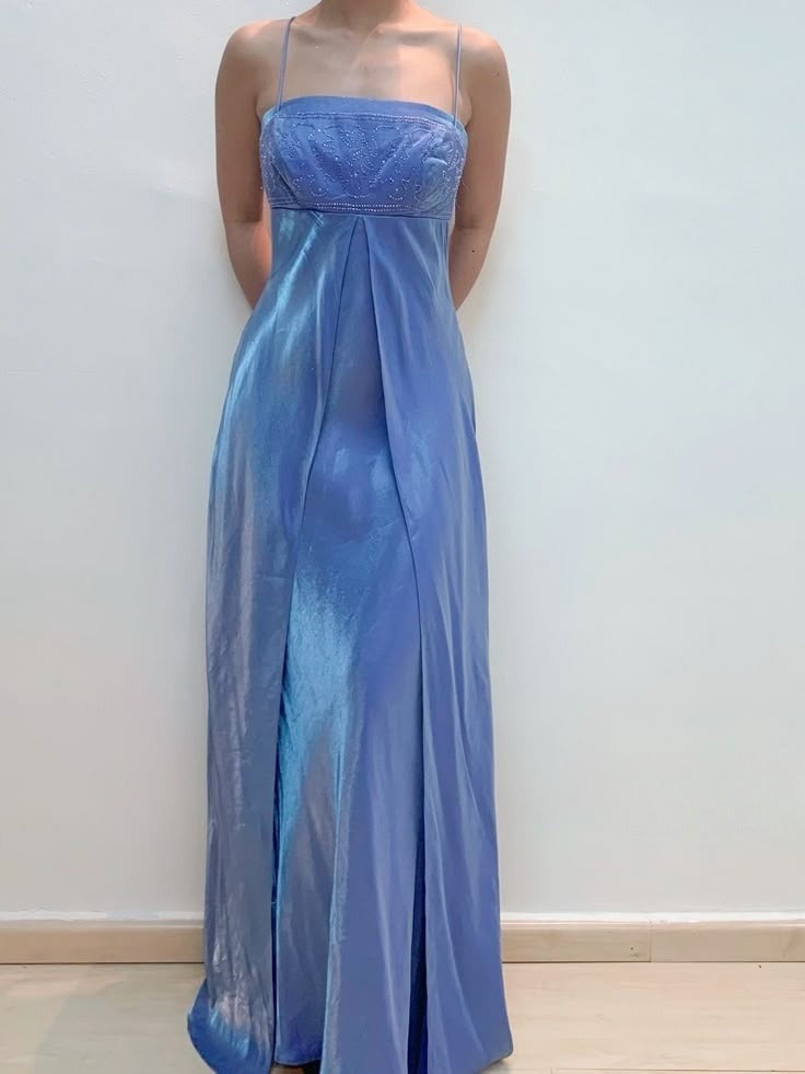 Elegant Straps A-Line Beading Satin Long Prom Dress Vintage Party Dress, DP4836