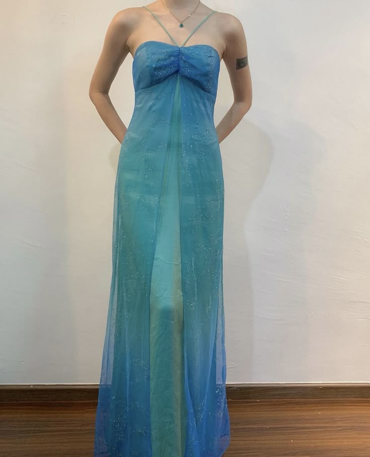 Blue Ombre Halter Straps A-Line Satin Long Prom Dress Vintage Party Dress, DP4838