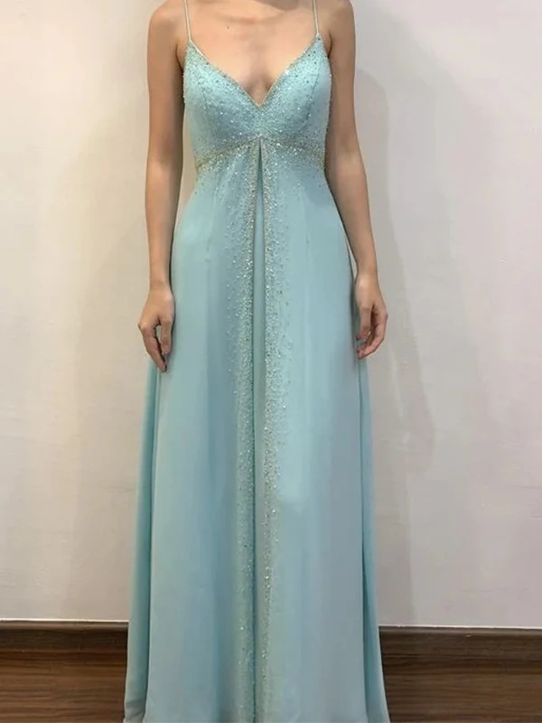 Tiffany Blue V Neck Straps A-Line Beading Long Prom Dress Vintage Party Dress, DP4840