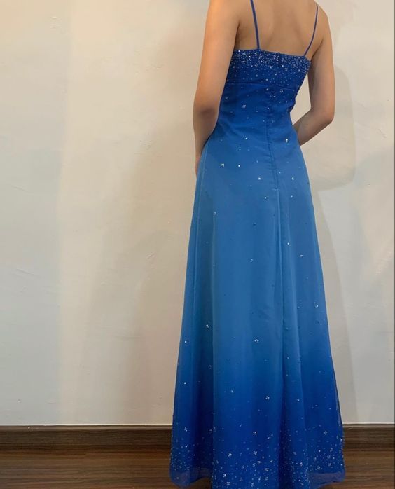 Navy Ombre Spaghetti Straps A-Line Beading Long Prom Dress Vintage Party Dress, DP4839