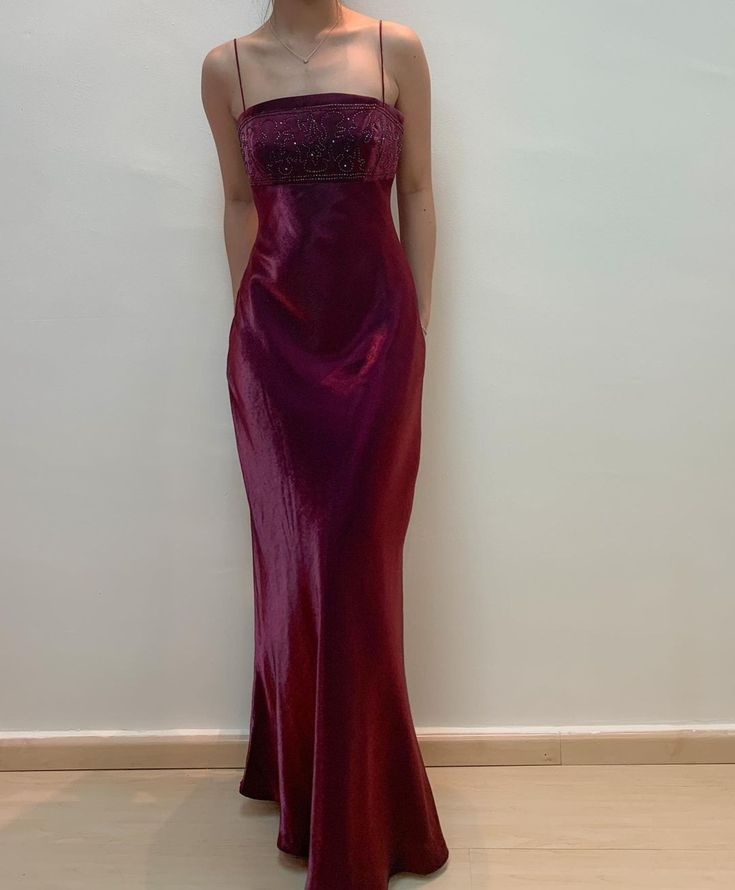 Dark Red Straps Beading Sheath Satin Long Prom Dress Vintage Party Dress, DP4847