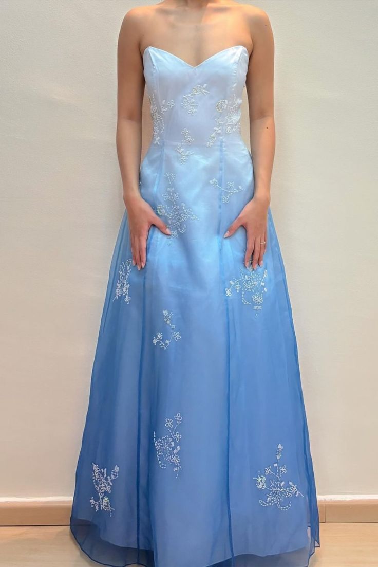 Blue Ombre Strapless A-Line Beading Satin Long Prom Dress Vintage Party Dress, DP4848