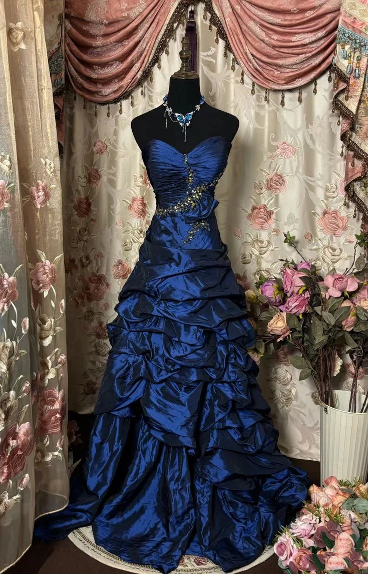 Robe de bal longue en satin bleu marine, coupe trapèze, décolleté en cœur, style vintage, DP4853