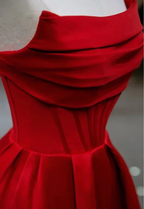 Elegant Strapless A-Line Red Satin Long Formal Party Dress Birthday Dress, DP4854