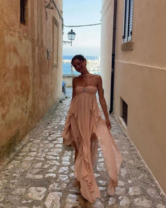 Pretty Pink Backless A-Line Chiffon Long Party Dress Summer Beach Dress, DP4861