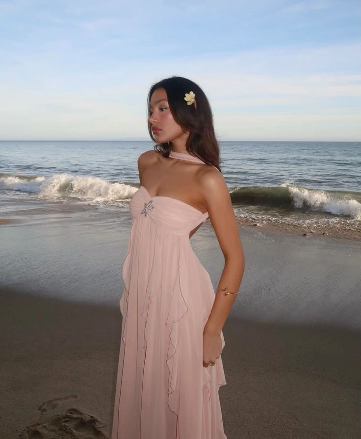 Pretty Pink Backless A-Line Chiffon Long Party Dress Summer Beach Dress, DP4861