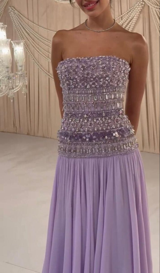 Superbe robe de soirée longue lilas bustier, coupe trapèze, ornée de perles, robe d'anniversaire, DP4864