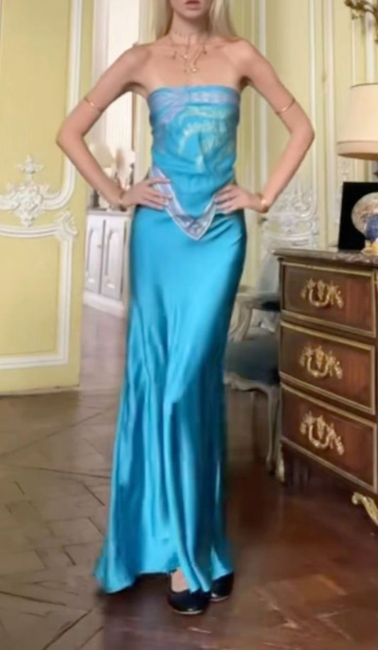 Cute Blue Two Pieces Sheath Satin Long Party Dress Summer Holiday Dress, DP4865