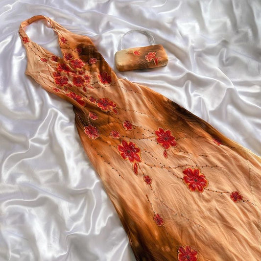 Robe de soirée longue fourreau orange ombrée à col licou et perles, style vintage, DP4878