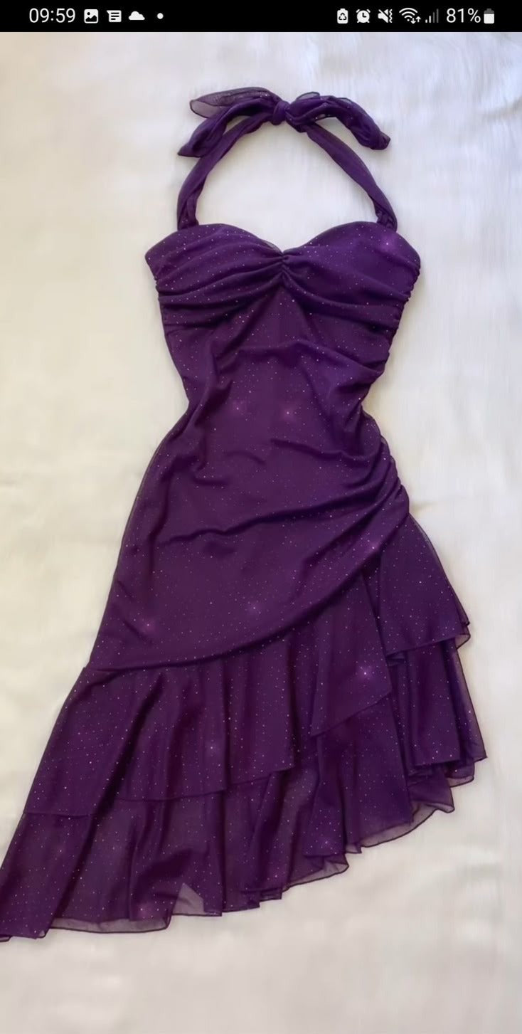 short purple halter dress Metallic mesh short dress Purple For Women