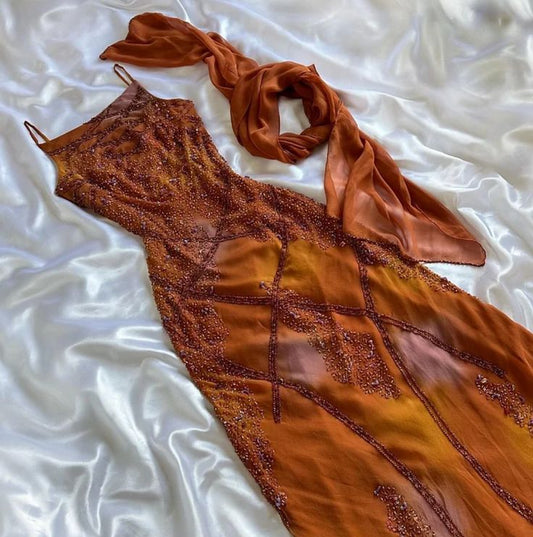 Gardient Spaghetti Straps Sheath Beading Long Prom Dress Vintage Evening Dress, DP4895