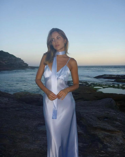 Blue Straps V Neck Sheath Satin Long Party Dress Wedding Guest Dress, DP4896