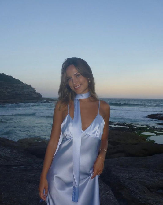 Blue Straps V Neck Sheath Satin Long Party Dress Wedding Guest Dress, DP4896