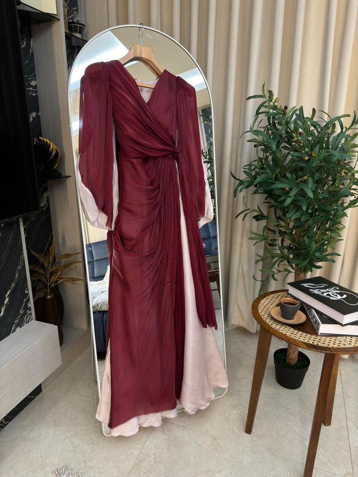 Burgundy V Neck Long Sleeves A-Line Chiffon Long Party Dress Evening Dress, DP4899