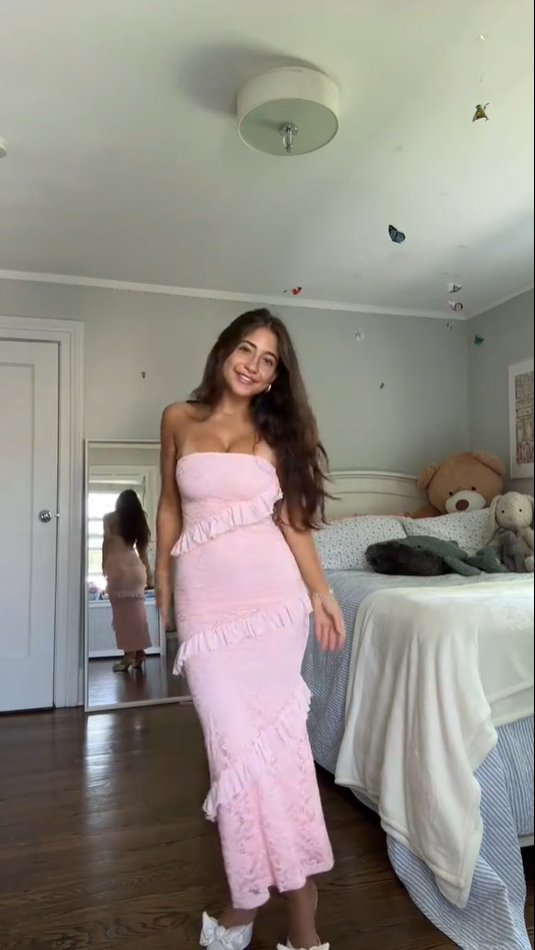 Rosa trägerloses Meerjungfrau-Kleid mit Spitzenrüschen, langes Partykleid für Hochzeitsgäste, DP4898